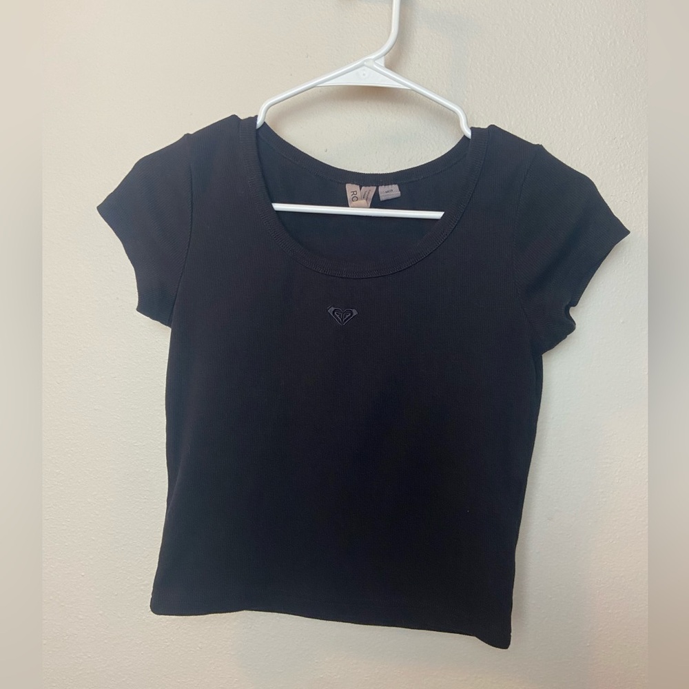 Roxy Black Ribbed Short Sleeve Cropped Tee